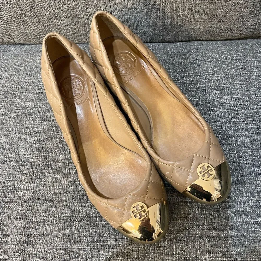 Tory Burch Kaitlin Quilted Leather Gold Cap-Toe Pumps Heels Women’s Size 5.5